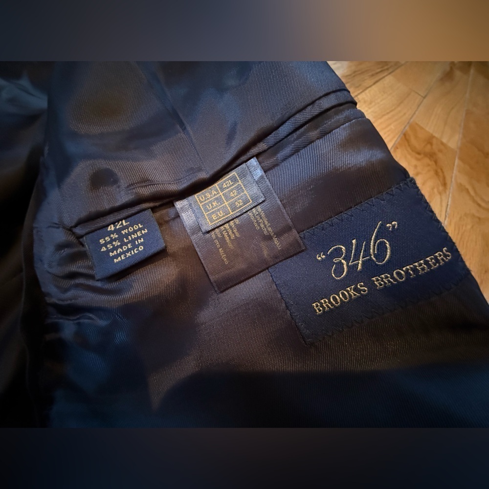 Brooks Brothers Blazer Mens 42L Blue/Black Linen/Wool Window Pane Jacket Sports - Picture 9 of 14